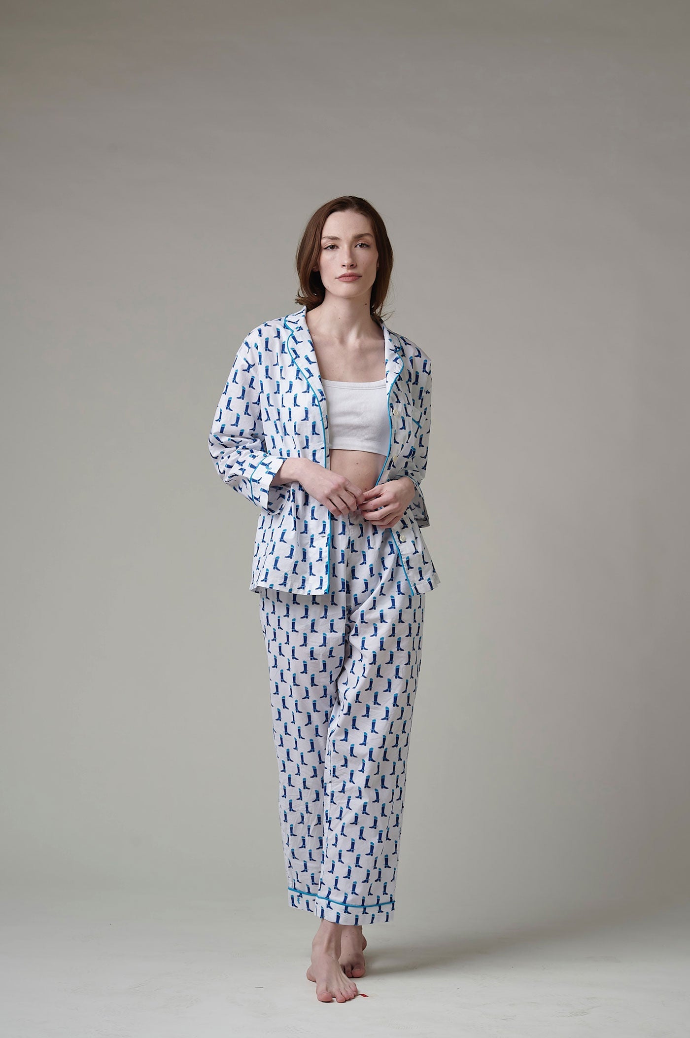 Lorient Block Print Long Pajama Set - Navy Boots
