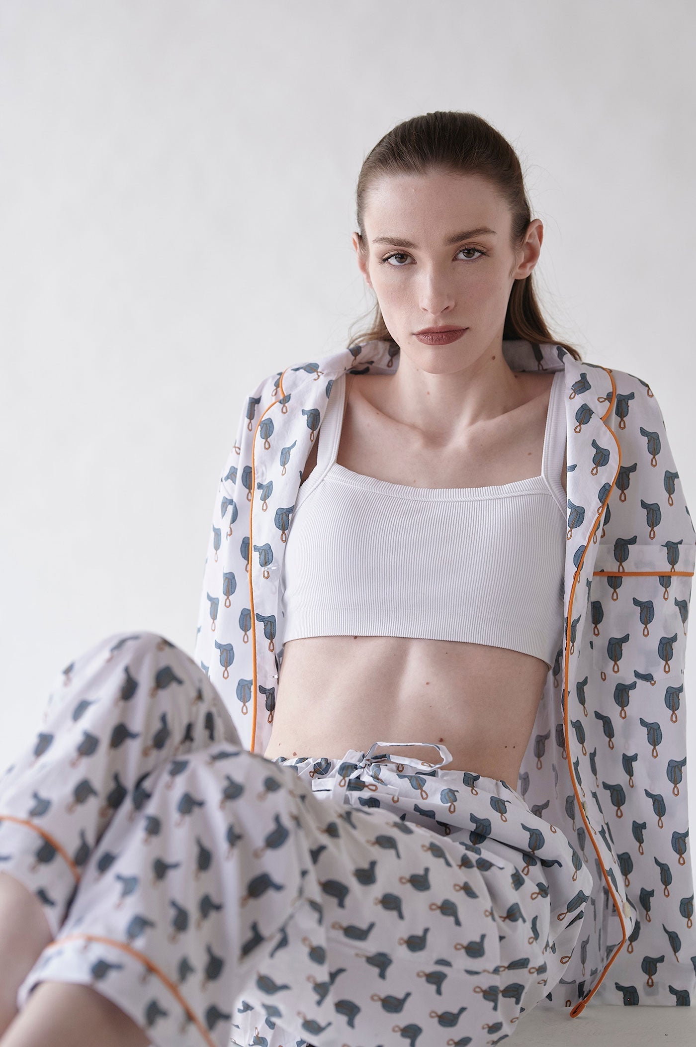 Lorient Block Print Long Pajama Set - Saddles
