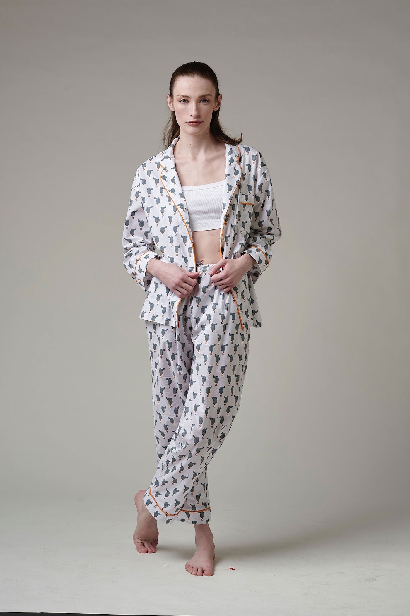 Lorient Block Print Long Pajama Set - Saddles