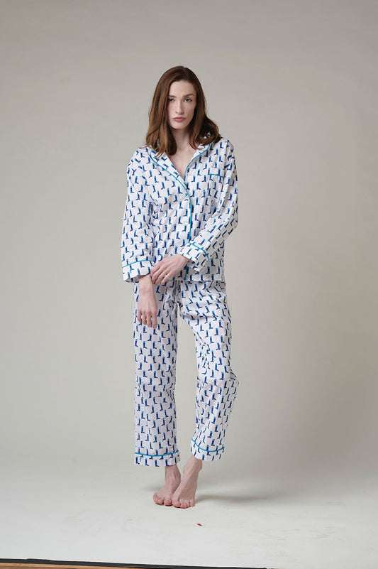 Lorient Block Print Long Pajama Set - Navy Boots