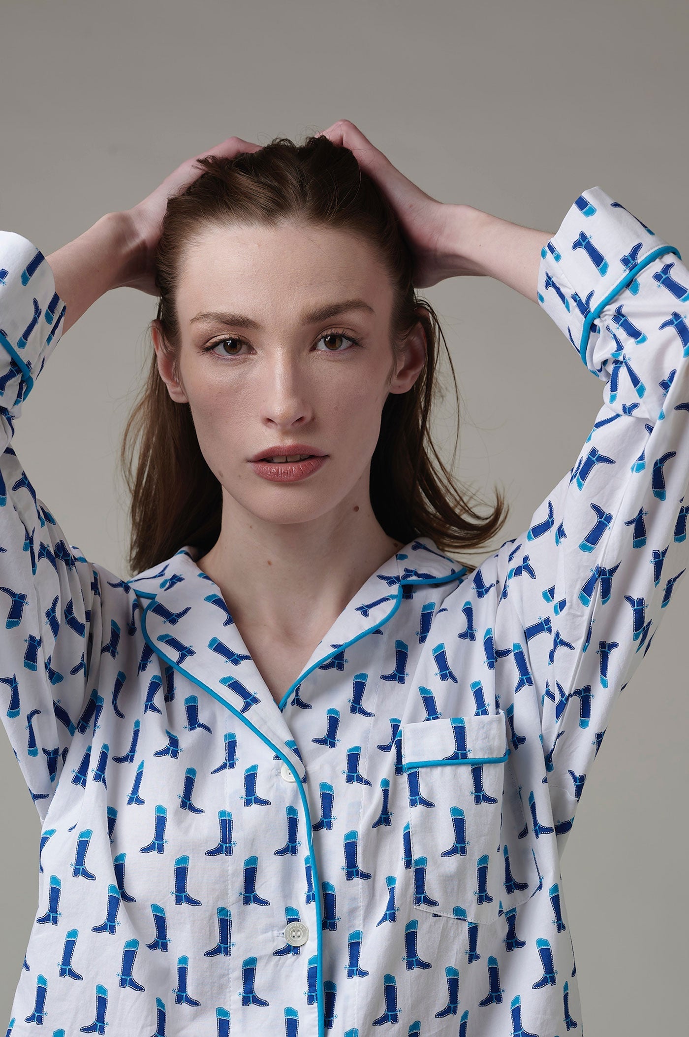 Lorient Block Print Long Pajama Set - Navy Boots
