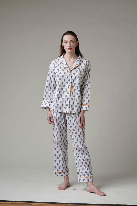 Lorient Block Print Long Pajama Set - Saddles